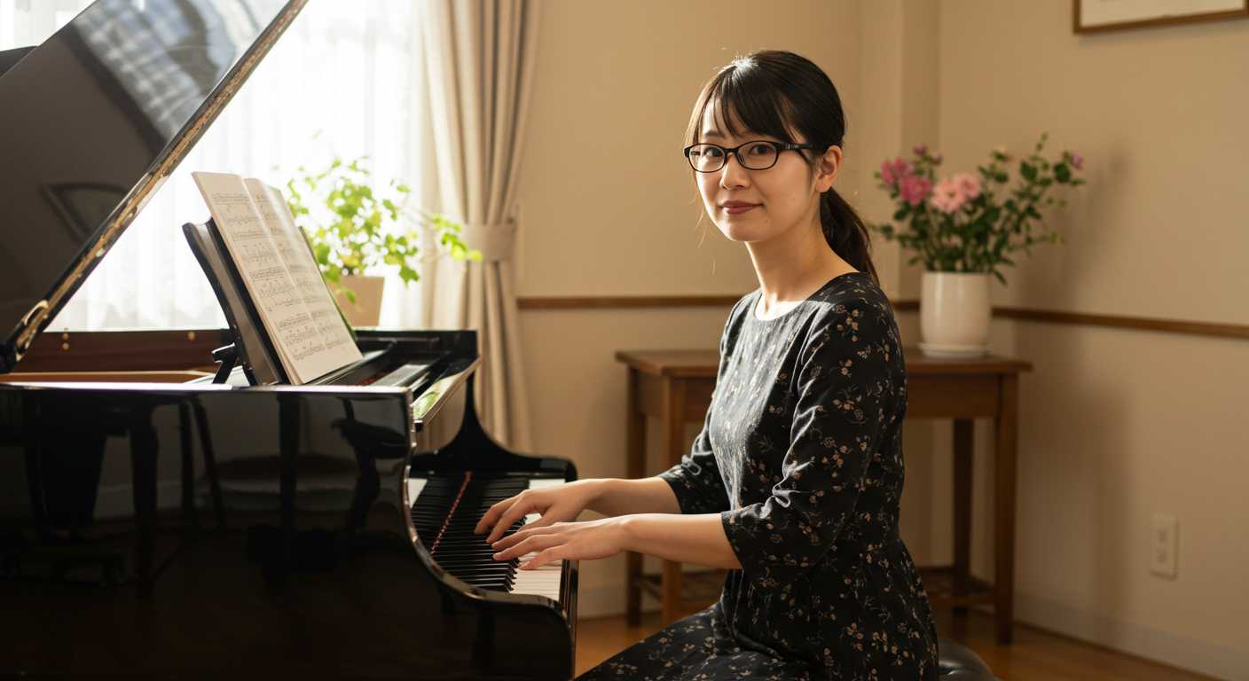眼鏡をかけた穏やかな表情の女性ピアノ講師。