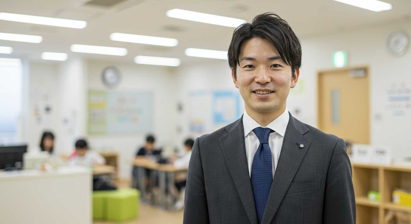 スーツを着て自信に満ちた表情の男性英会話スクール運営者。