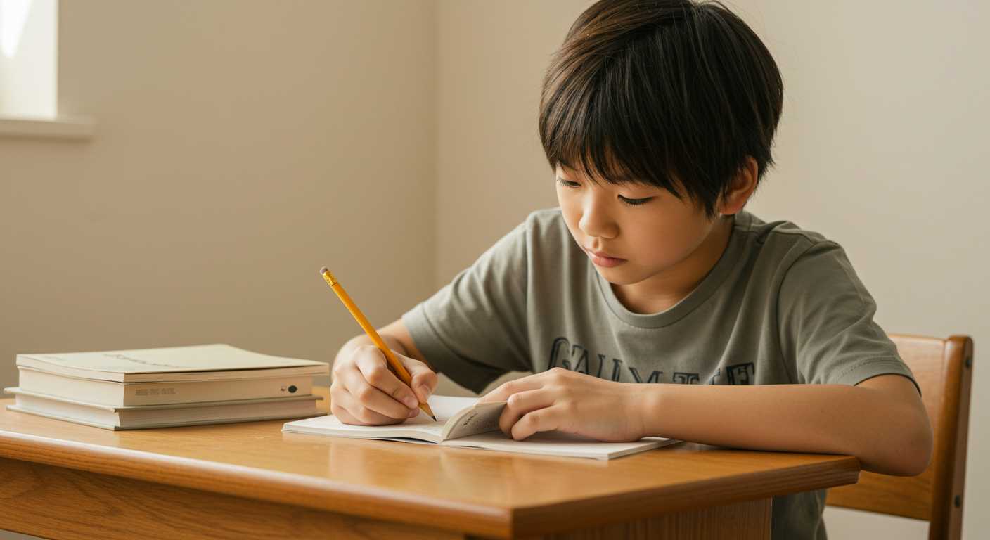 男の子が机に向かって熱心に勉強している様子。手元には鉛筆とノートがある。